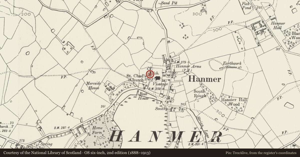 Ordnance Survey six-inch map, 2nd edition (1888–1913) covering the location of Hanmer Voluntary Primary School, Wrexham, with a pin at the register's coordinates