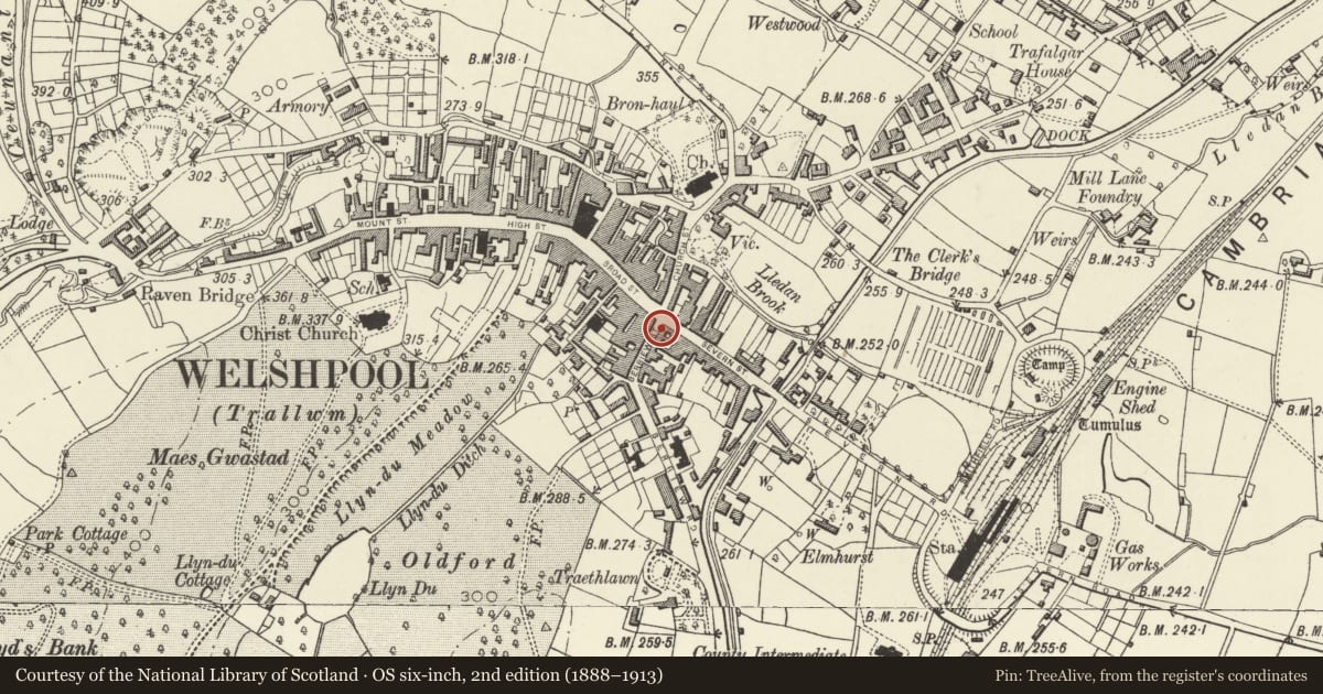 Ordnance Survey six-inch map, 2nd edition (1888–1913) covering the location of 1 Berriew Street, Welshpool, Powys, with a pin at the register's coordinates