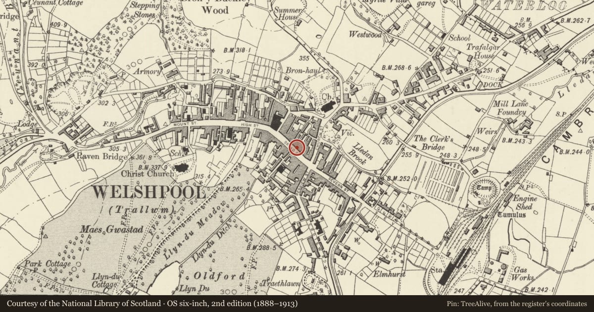 Ordnance Survey six-inch map, 2nd edition (1888–1913) covering the location of 14 Broad Street, Welshpool, Powys, with a pin at the register's coordinates