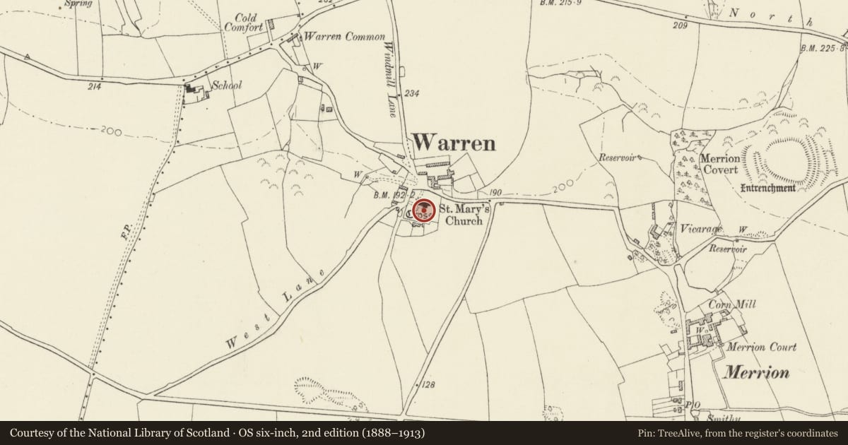 Ordnance Survey six-inch map, 2nd edition (1888–1913) covering the location of Cross in St. Mary's Churchyard, Castlemartin, Pembrokeshire, with a pin at the register's coordinates