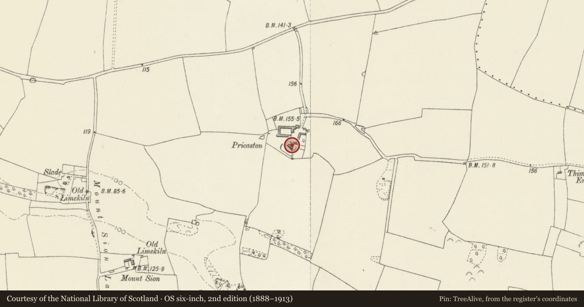 Ordnance Survey six-inch map, 2nd edition (1888–1913) covering the location of Pricaston Farmhouse, Castlemartin, Pembrokeshire, with a pin at the register's coordinates