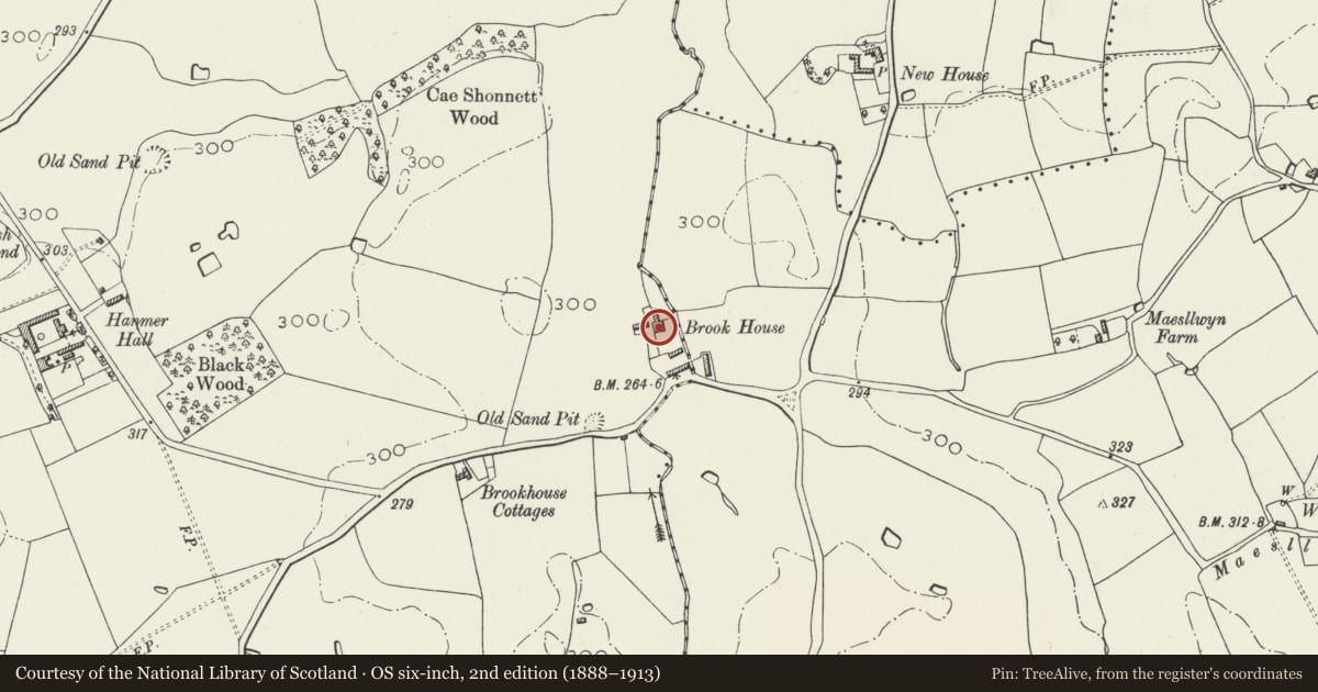 Ordnance Survey six-inch map, 2nd edition (1888–1913) covering the location of Brook Farmhouse, Hanmer, Wrexham, with a pin at the register's coordinates