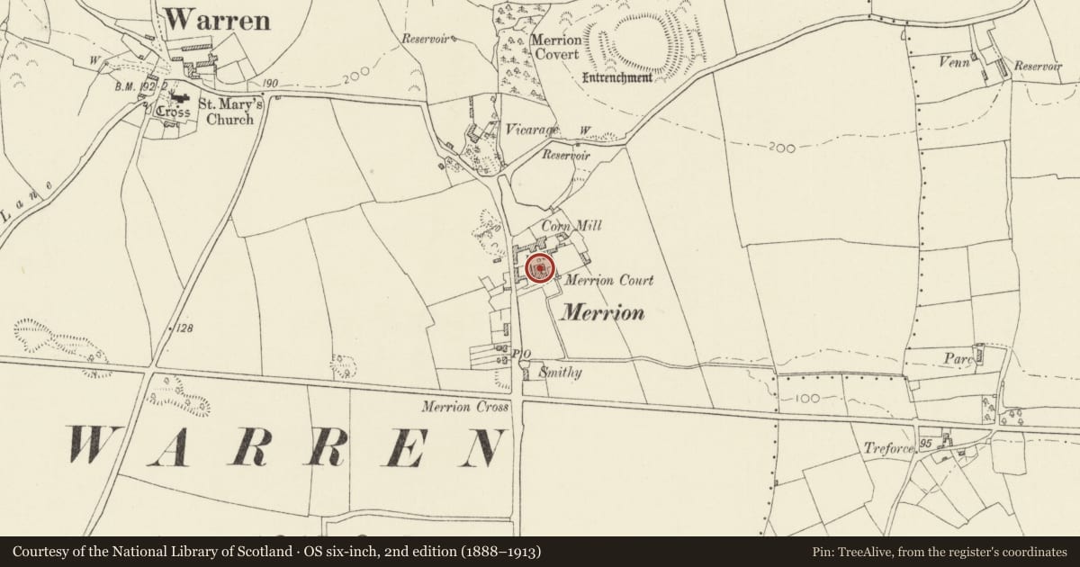 Ordnance Survey six-inch map, 2nd edition (1888–1913) covering the location of Outbuildings to Merrion Court, Castlemartin, Pembrokeshire, with a pin at the register's coordinates