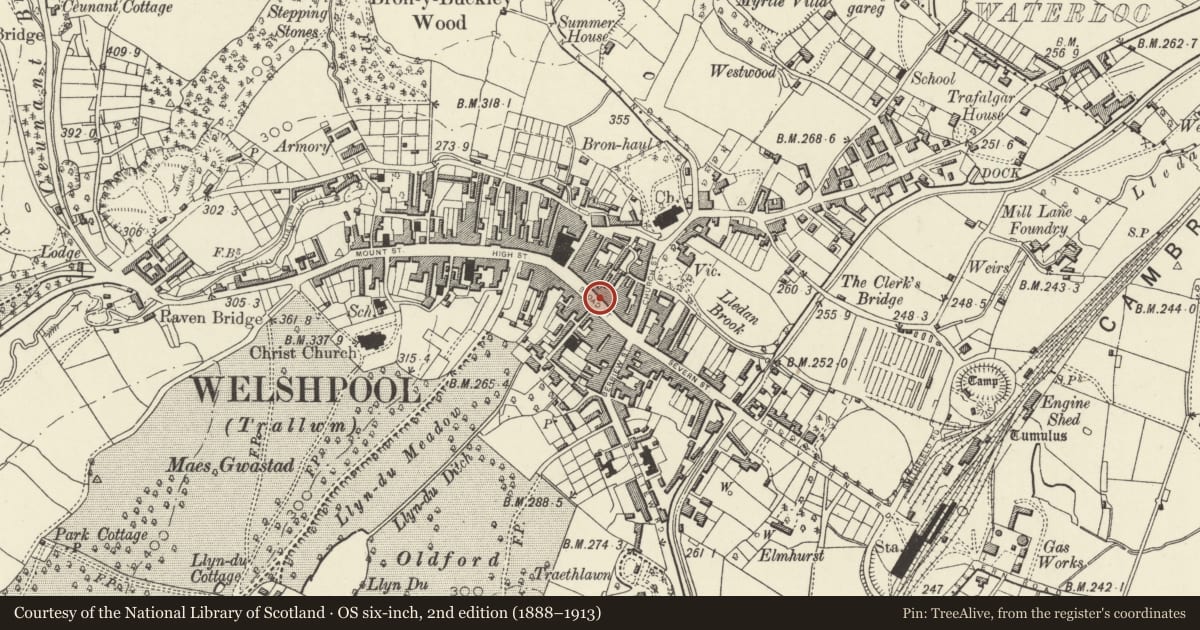 Ordnance Survey six-inch map, 2nd edition (1888–1913) covering the location of 13A Broad Street, Welshpool, Powys, with a pin at the register's coordinates