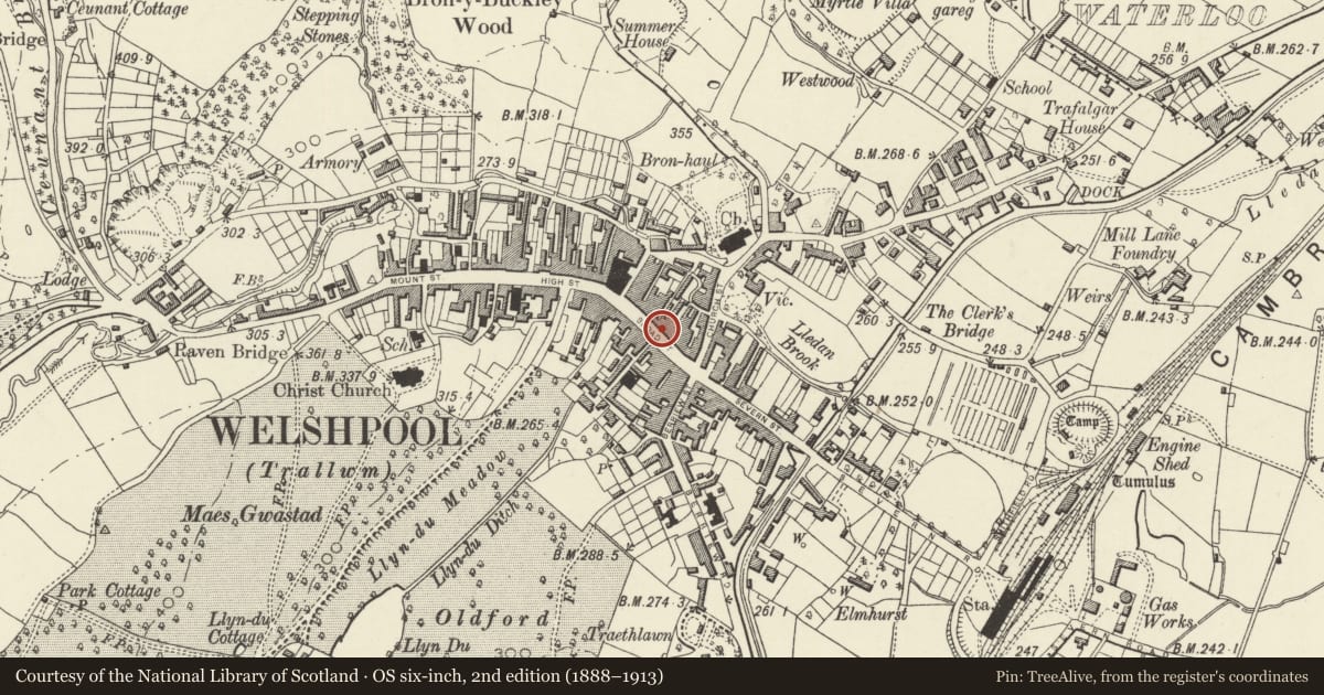Ordnance Survey six-inch map, 2nd edition (1888–1913) covering the location of 13B Broad Street, Welshpool, Powys, with a pin at the register's coordinates