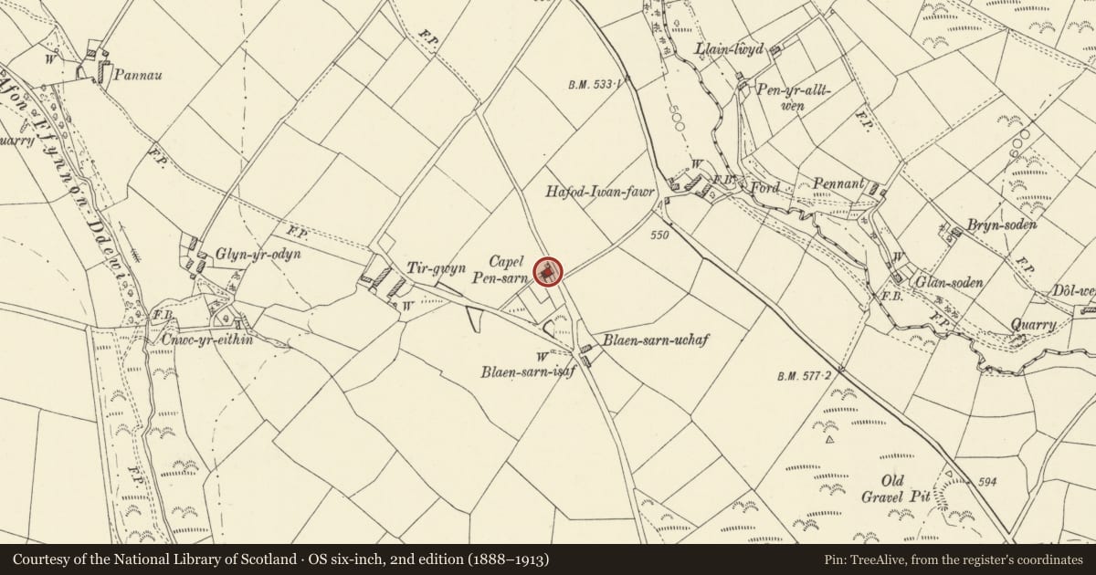 Ordnance Survey six-inch map, 2nd edition (1888–1913) covering the location of Pensarn former Calvanistic Methodist Chapel, Llandysiliogogo, Ceredigion, with a pin at the register's coordinates