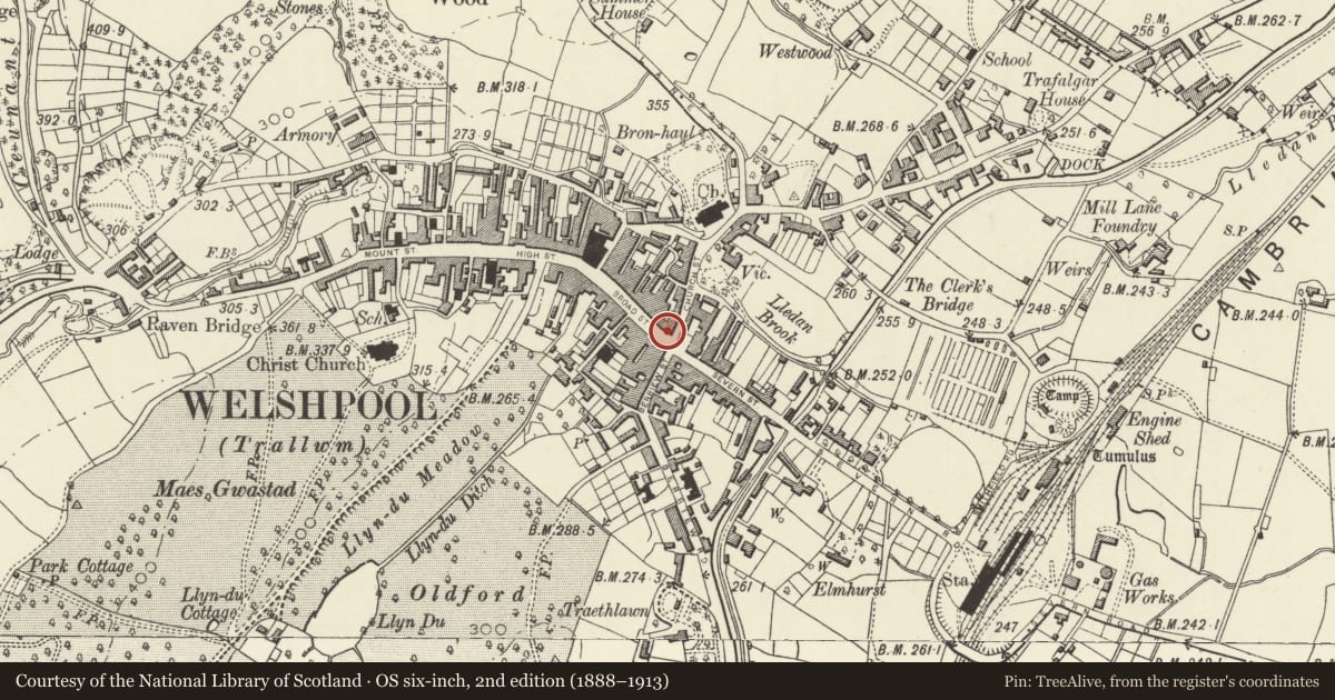 Ordnance Survey six-inch map, 2nd edition (1888–1913) covering the location of 22 Broad Street, Welshpool, Powys, with a pin at the register's coordinates