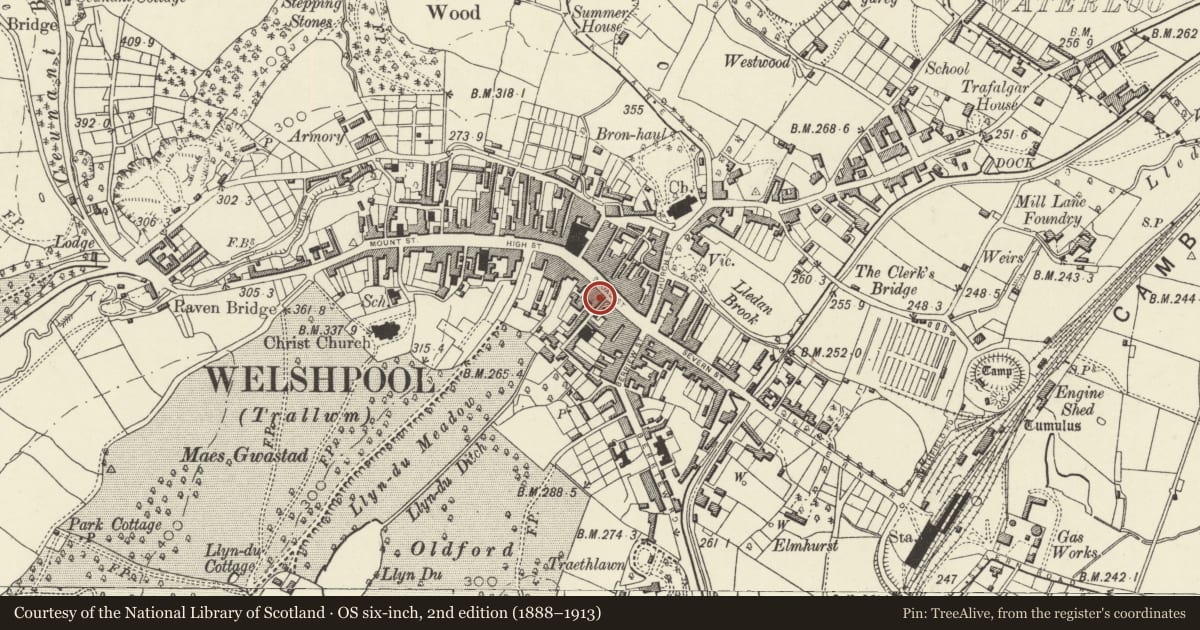 Ordnance Survey six-inch map, 2nd edition (1888–1913) covering the location of 32 Broad Street, Welshpool, Powys, with a pin at the register's coordinates