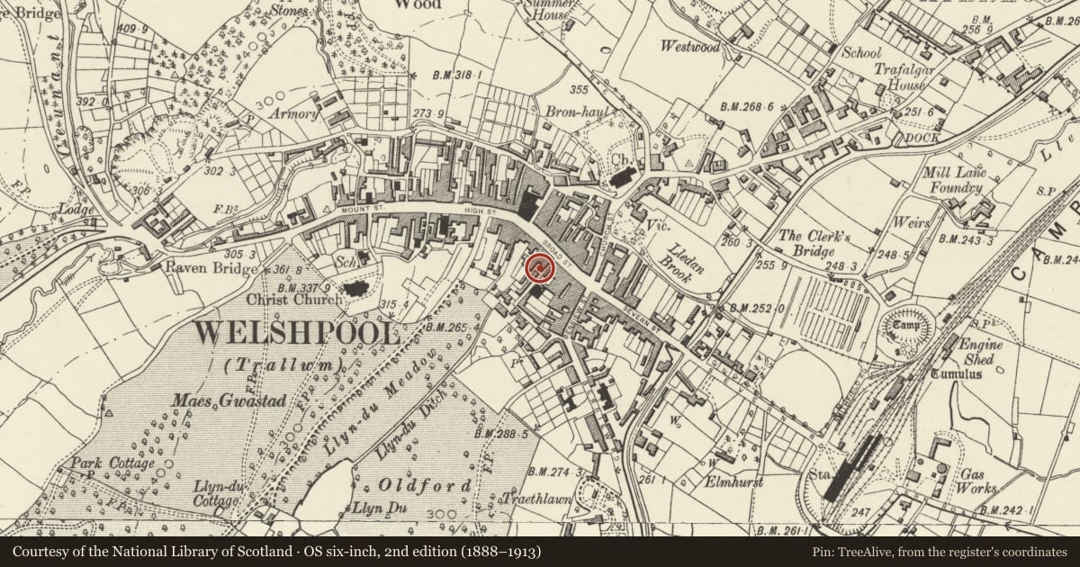 Ordnance Survey six-inch map, 2nd edition (1888–1913) covering the location of 1-2 New Street, Welshpool, Powys, with a pin at the register's coordinates