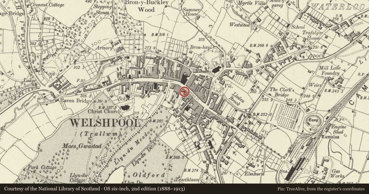 Ordnance Survey six-inch map, 2nd edition (1888–1913) covering the location of 39 Broad Street, Welshpool, Powys, with a pin at the register's coordinates
