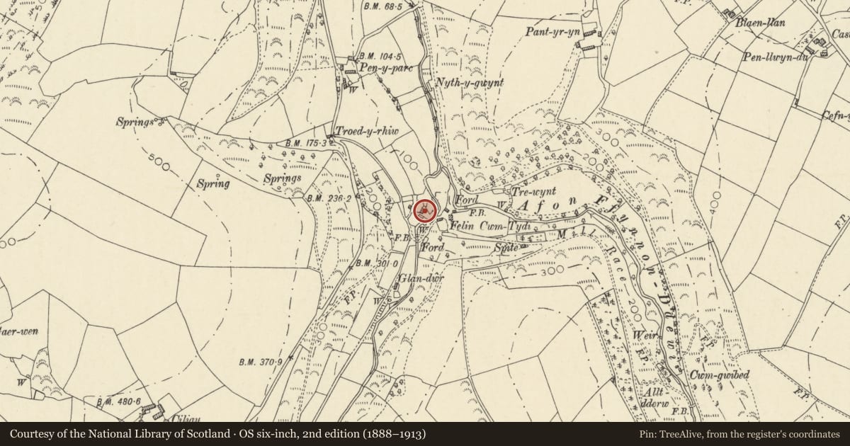 Ordnance Survey six-inch map, 2nd edition (1888–1913) covering the location of Cottage near Felin Huw, Llandysiliogogo, Ceredigion, with a pin at the register's coordinates