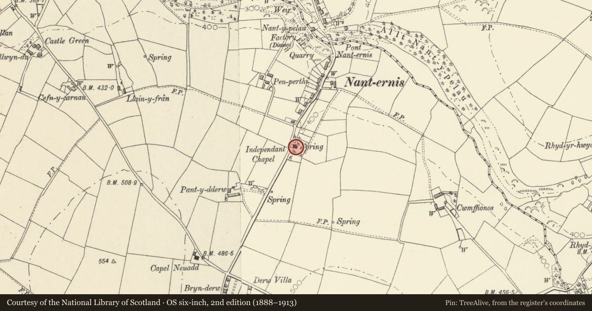 Ordnance Survey six-inch map, 2nd edition (1888–1913) covering the location of Nanternis Independent Chapel, Llandysiliogogo, Ceredigion, with a pin at the register's coordinates