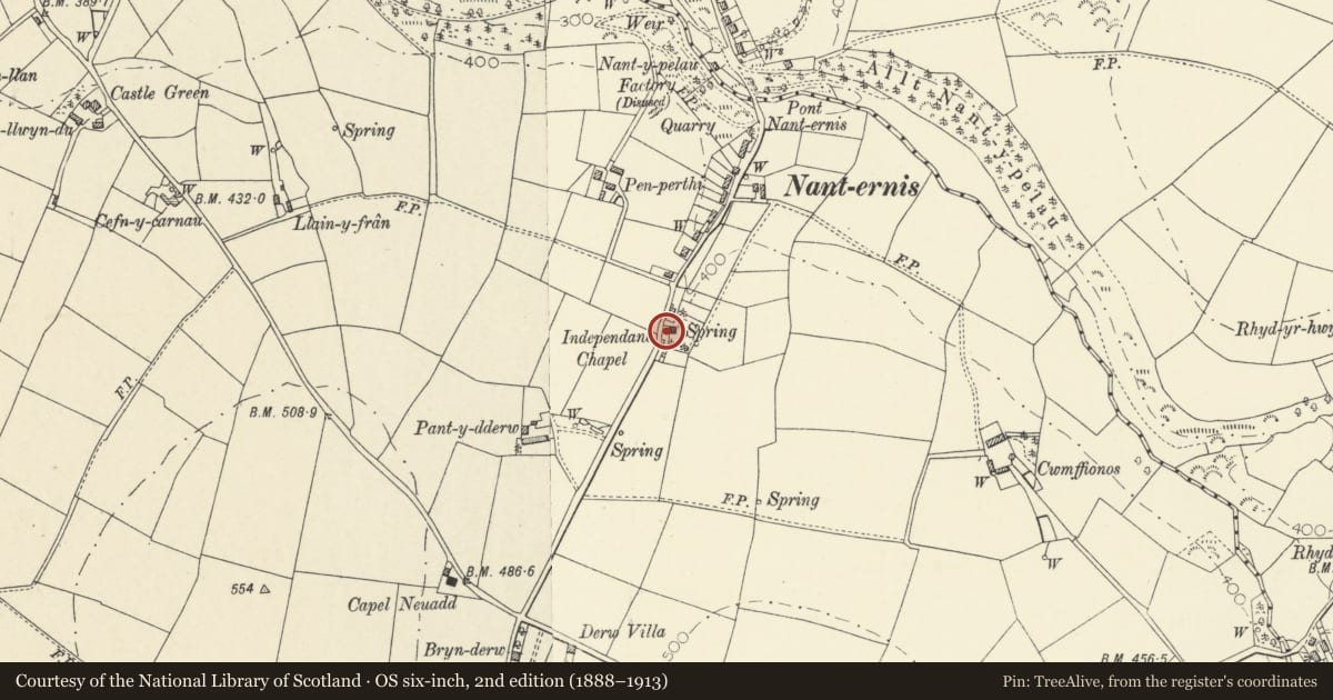 Ordnance Survey six-inch map, 2nd edition (1888–1913) covering the location of Forecourt walls, rails and gates at Nanternis Independent Chapel, Llandysiliogogo, Ceredigion, with a pin at the register's coordinates