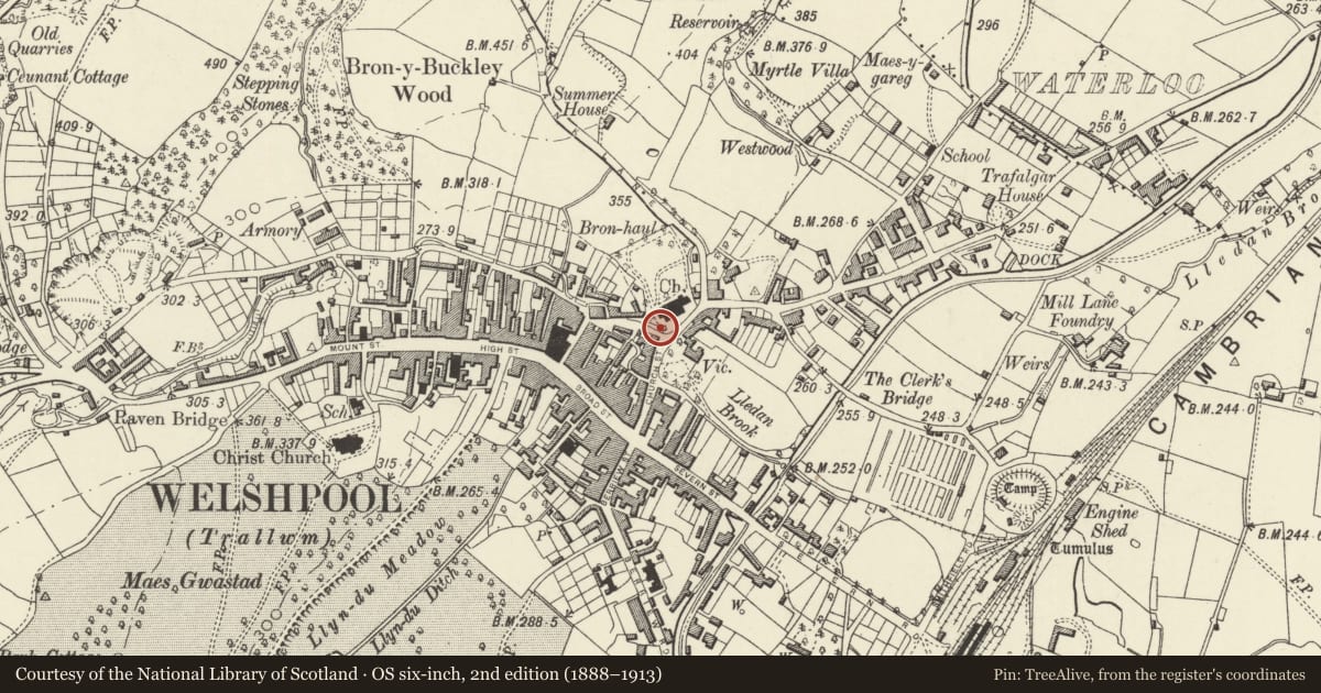 Ordnance Survey six-inch map, 2nd edition (1888–1913) covering the location of Retaining walls, steps, gate-piers and gates to churchyard at Church of St Mary, Welshpool, Powys, with a pin at the register's coordinates