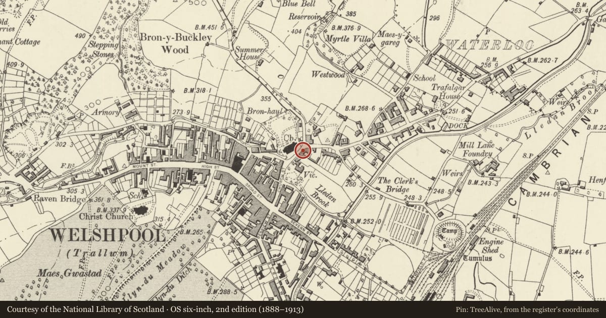 Ordnance Survey six-inch map, 2nd edition (1888–1913) covering the location of 2 Church Bank, Welshpool, Powys, with a pin at the register's coordinates