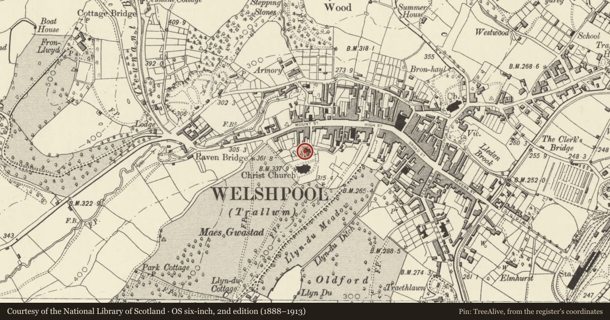 Ordnance Survey six-inch map, 2nd edition (1888–1913) covering the location of Universal Pentecostal Church, Welshpool, Powys, with a pin at the register's coordinates