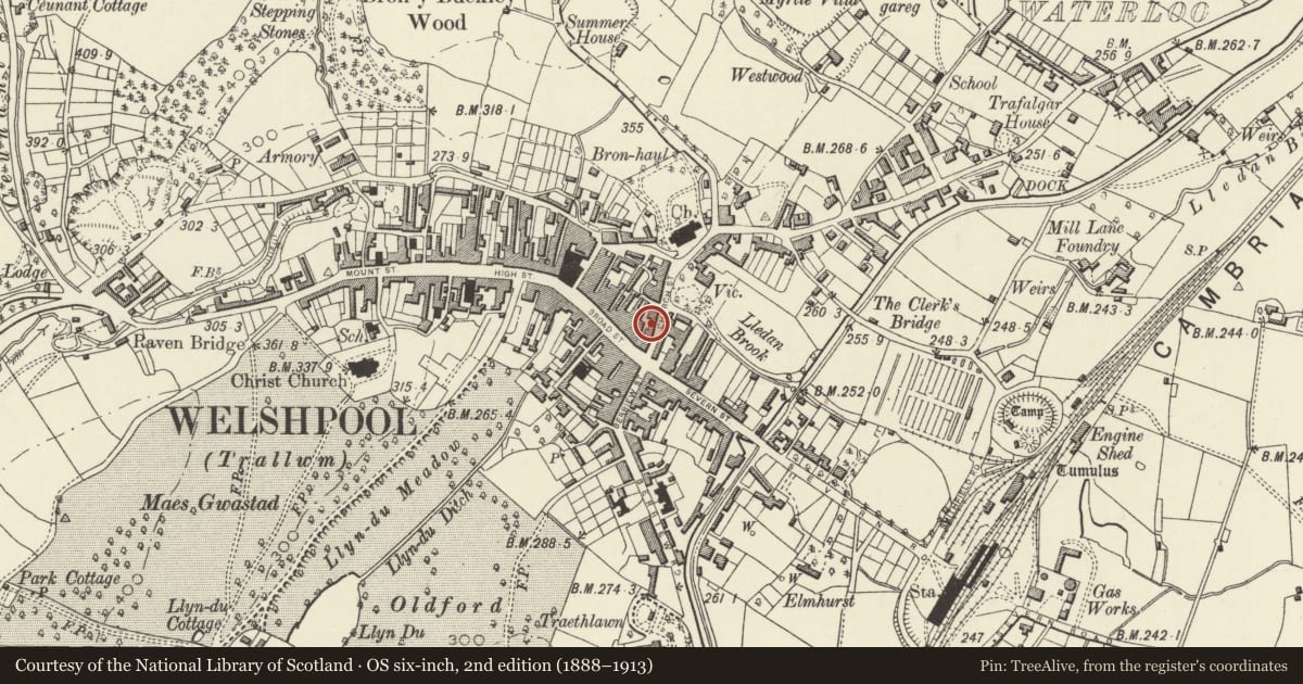 Ordnance Survey six-inch map, 2nd edition (1888–1913) covering the location of 7 Church Street, Welshpool, Powys, with a pin at the register's coordinates