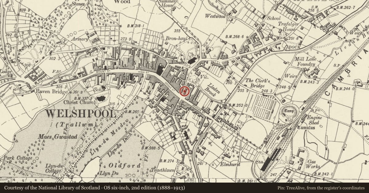 Ordnance Survey six-inch map, 2nd edition (1888–1913) covering the location of 3&4 Church Street, Welshpool, Powys, with a pin at the register's coordinates
