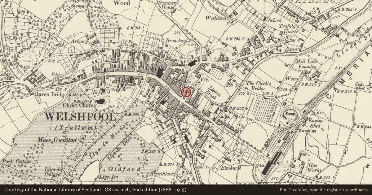 Ordnance Survey six-inch map, 2nd edition (1888–1913) covering the location of 5&6 Church Street, Welshpool, Powys, with a pin at the register's coordinates