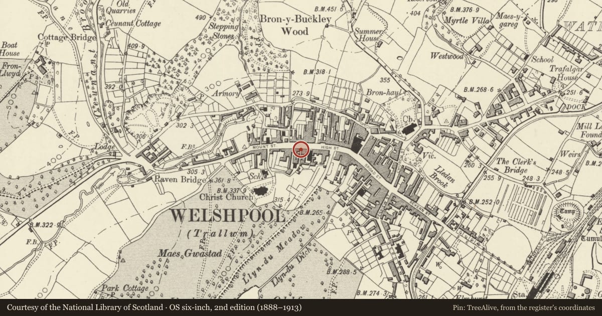 Ordnance Survey six-inch map, 2nd edition (1888–1913) covering the location of 15 High Street, Welshpool, Powys, with a pin at the register's coordinates