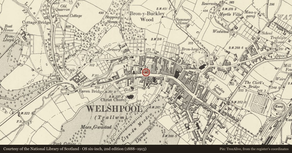 Ordnance Survey six-inch map, 2nd edition (1888–1913) covering the location of 22 High Street, Welshpool, Powys, with a pin at the register's coordinates