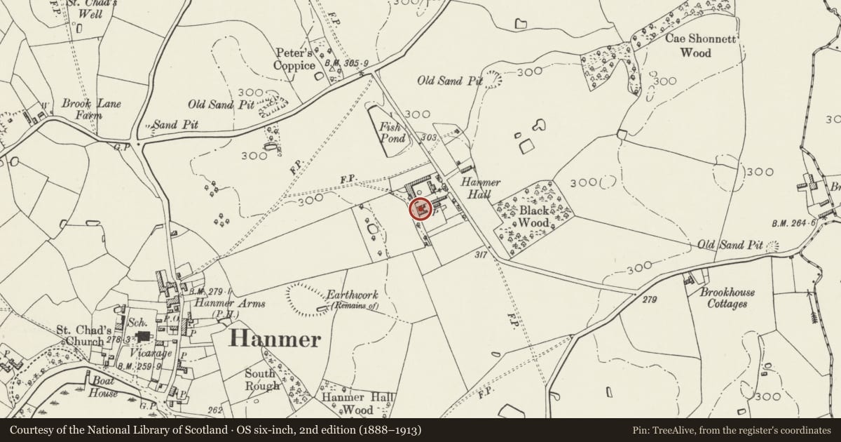 Ordnance Survey six-inch map, 2nd edition (1888–1913) covering the location of Hanmer Hall Farmhouse, Wrexham, with a pin at the register's coordinates