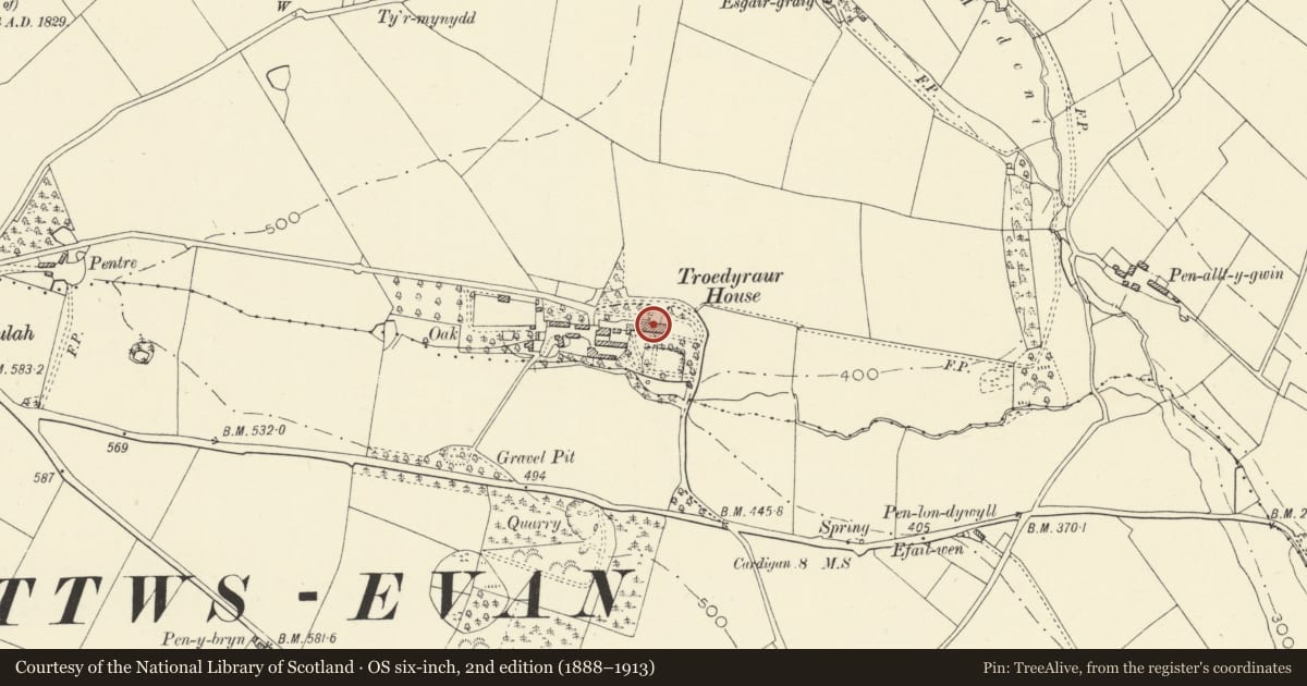 Ordnance Survey six-inch map, 2nd edition (1888–1913) covering the location of Plas Troedyraur, Beulah, Ceredigion, with a pin at the register's coordinates
