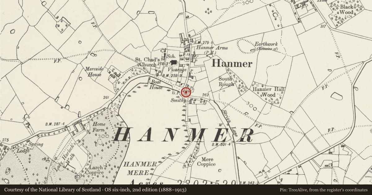 Ordnance Survey six-inch map, 2nd edition (1888–1913) covering the location of Magpie Cottage, Hanmer, Wrexham, with a pin at the register's coordinates