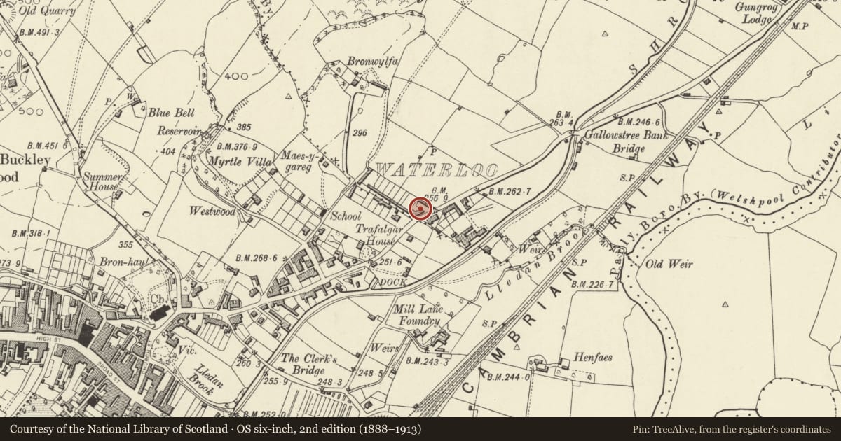 Ordnance Survey six-inch map, 2nd edition (1888–1913) covering the location of Heath Bank, Welshpool, Powys, with a pin at the register's coordinates