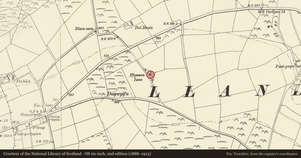 Ordnance Survey six-inch map, 2nd edition (1888–1913) covering the location of Ffynnon-Iwan, Llandysiliogogo, Ceredigion, with a pin at the register's coordinates
