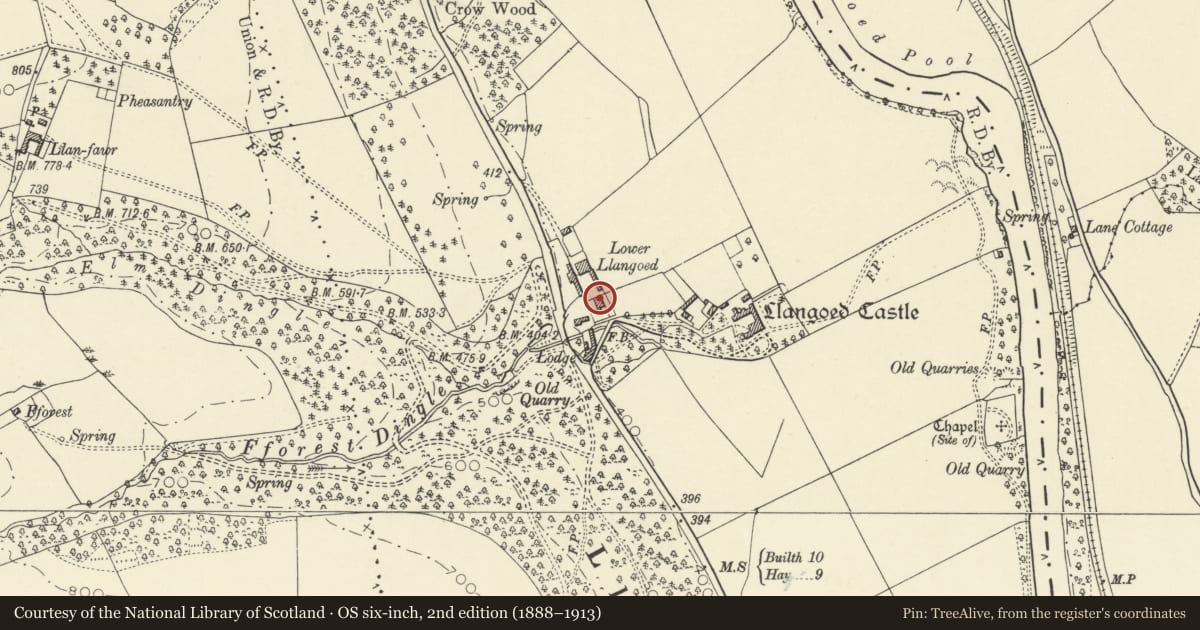 Ordnance Survey six-inch map, 2nd edition (1888–1913) covering the location of Llangoed Farmhouse, Bronllys, Powys, with a pin at the register's coordinates
