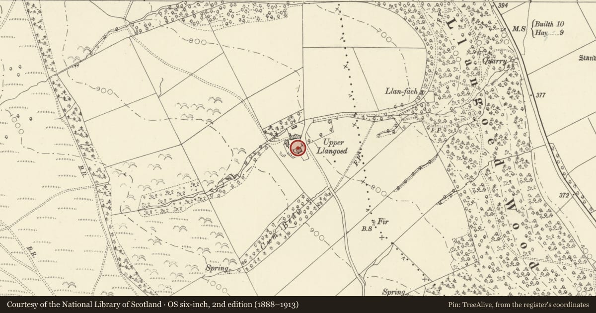 Ordnance Survey six-inch map, 2nd edition (1888–1913) covering the location of Upper Llangoed Farmhouse, Bronllys, Powys, with a pin at the register's coordinates