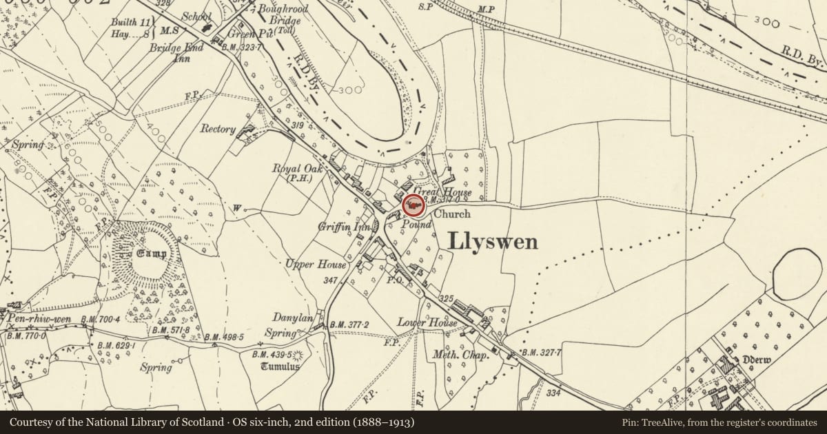 Ordnance Survey six-inch map, 2nd edition (1888–1913) covering the location of Church of St. Gwendoline, Bronllys, Powys, with a pin at the register's coordinates