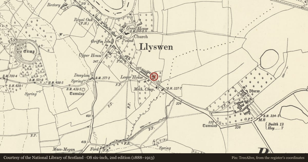 Ordnance Survey six-inch map, 2nd edition (1888–1913) covering the location of Lower House Farmhouse, Bronllys, Powys, with a pin at the register's coordinates