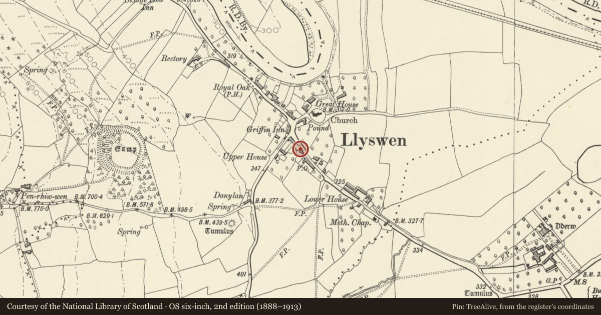 Ordnance Survey six-inch map, 2nd edition (1888–1913) covering the location of Star House, Bronllys, Powys, with a pin at the register's coordinates