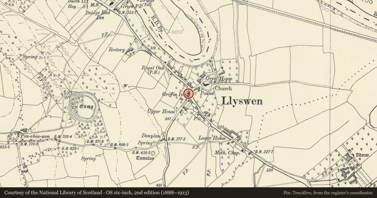 Ordnance Survey six-inch map, 2nd edition (1888–1913) covering the location of Griffin Inn, Bronllys, Powys, with a pin at the register's coordinates