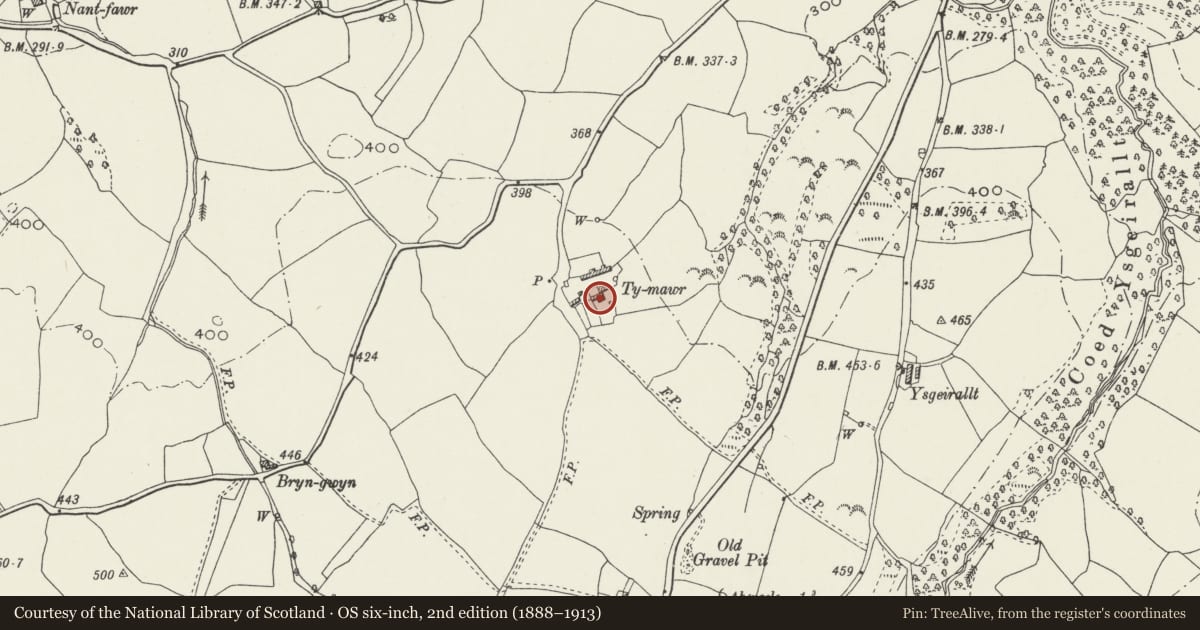 Ordnance Survey six-inch map, 2nd edition (1888–1913) covering the location of Ty Mawr, Betws Yn Rhos, Conwy, with a pin at the register's coordinates