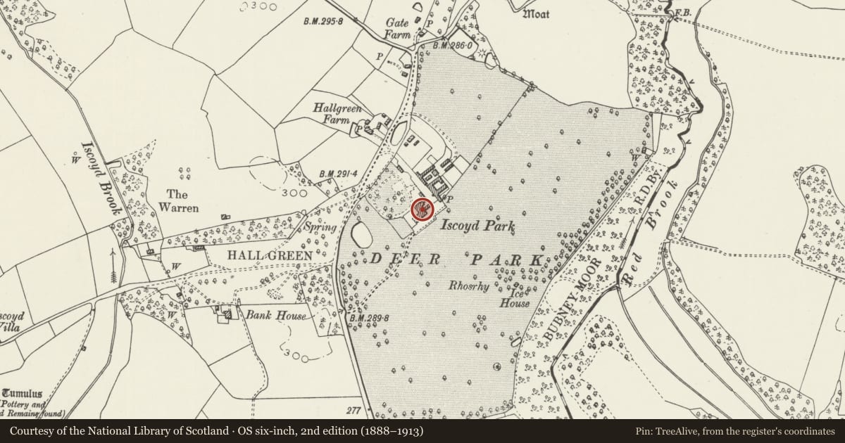 Ordnance Survey six-inch map, 2nd edition (1888–1913) covering the location of Iscoyd Park, Bronington, Wrexham, with a pin at the register's coordinates