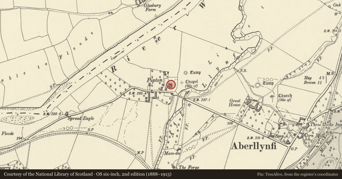 Ordnance Survey six-inch map, 2nd edition (1888–1913) covering the location of Pipton farmhouse, Bronllys, Powys, with a pin at the register's coordinates