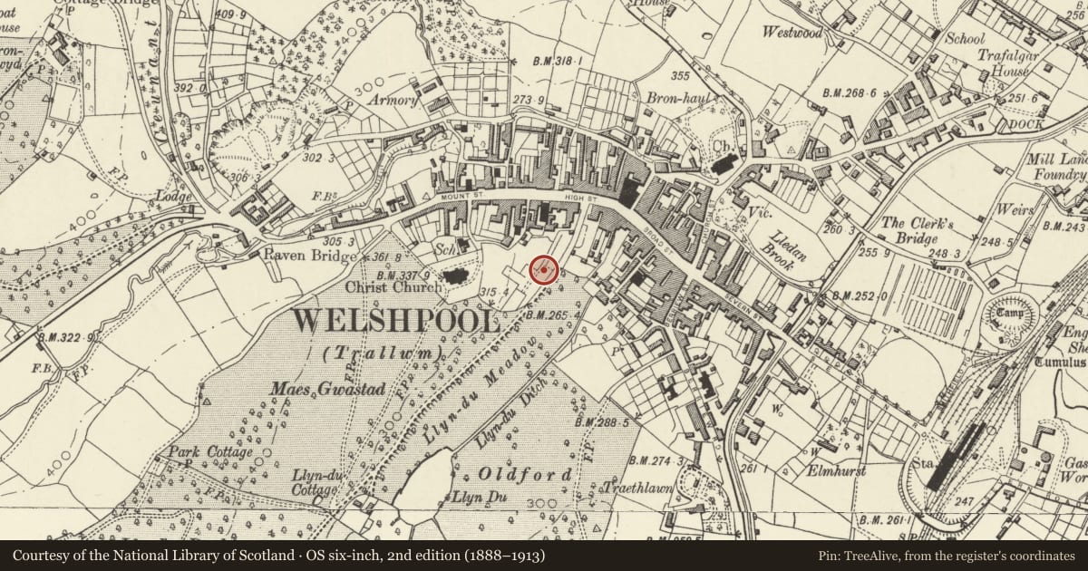 Ordnance Survey six-inch map, 2nd edition (1888–1913) covering the location of Powis Castle Lodge, Welshpool, Powys, with a pin at the register's coordinates