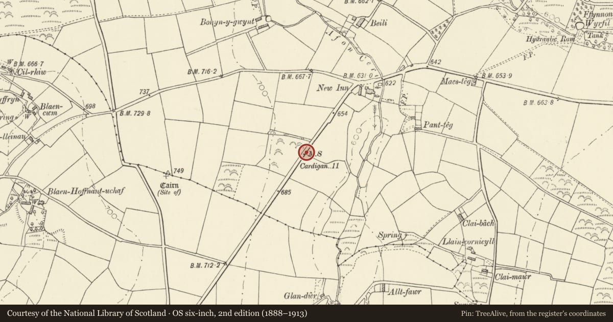 Ordnance Survey six-inch map, 2nd edition (1888–1913) covering the location of Milestone on A487, Llangrannog, Ceredigion, with a pin at the register's coordinates