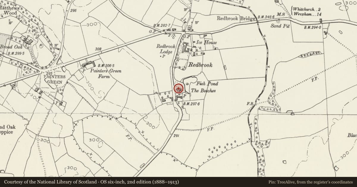 Ordnance Survey six-inch map, 2nd edition (1888–1913) covering the location of Redbrook House, Bronington, Wrexham, with a pin at the register's coordinates