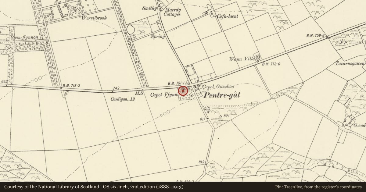 Ordnance Survey six-inch map, 2nd edition (1888–1913) covering the location of Capel Ffynon, Llangrannog, Ceredigion, with a pin at the register's coordinates