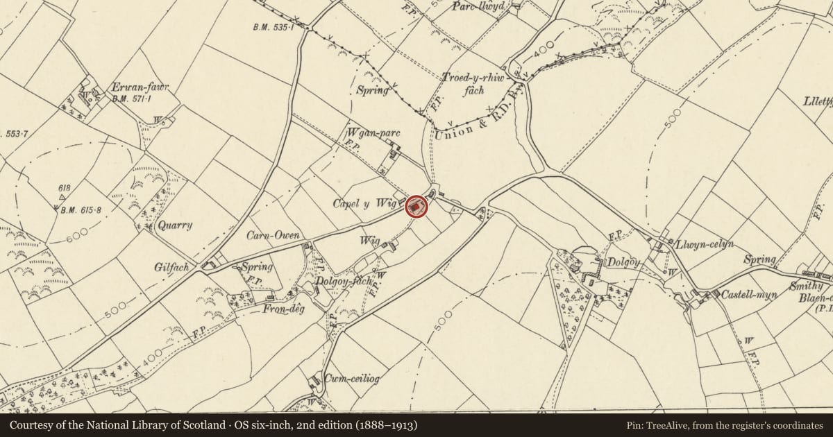 Ordnance Survey six-inch map, 2nd edition (1888–1913) covering the location of Capel Y Wig, Llangrannog, Ceredigion, with a pin at the register's coordinates