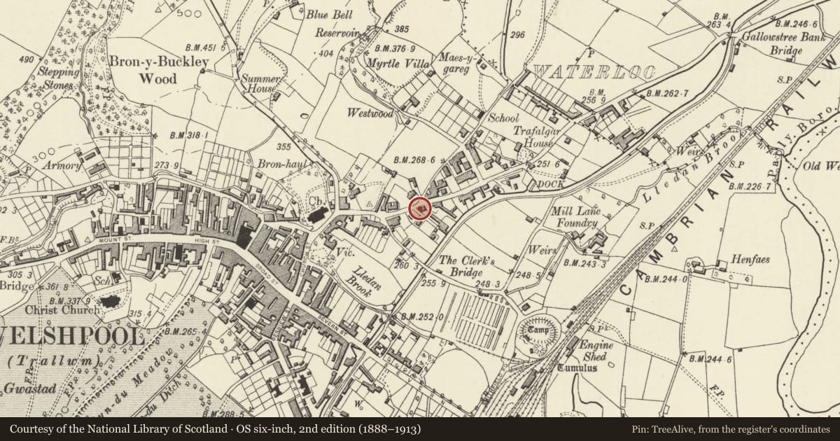 Ordnance Survey six-inch map, 2nd edition (1888–1913) covering the location of Collen Buildings including railings to front garden, Welshpool, Powys, with a pin at the register's coordinates