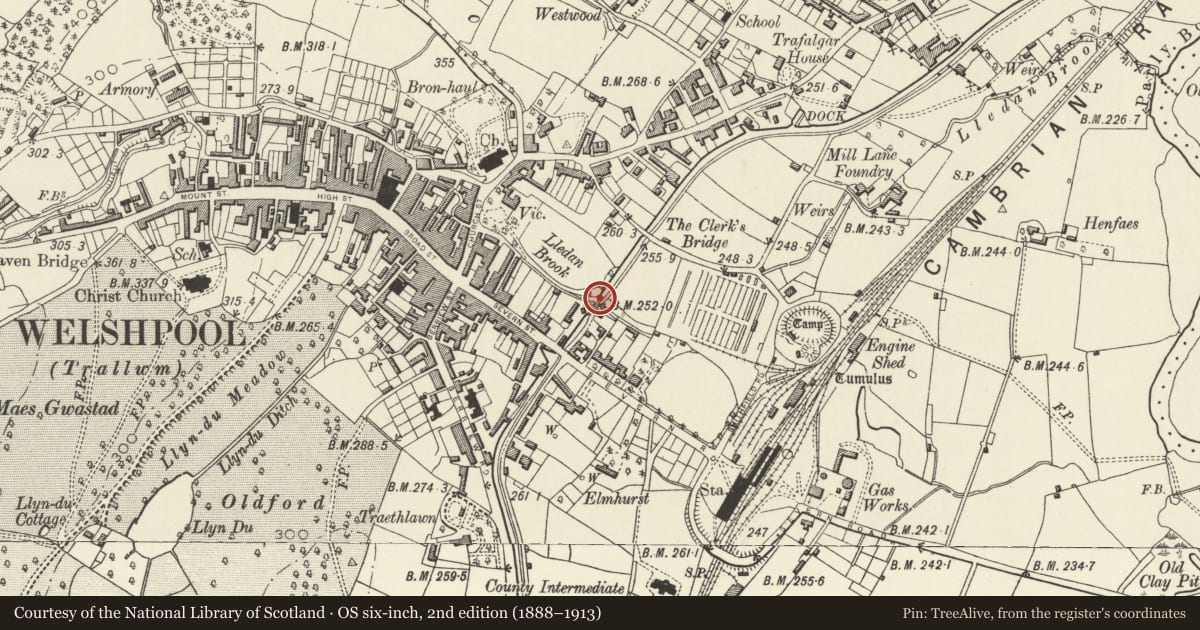 Ordnance Survey six-inch map, 2nd edition (1888–1913) covering the location of Former Railway Bridge over Montgomeryshire Canal, Welshpool, Powys, with a pin at the register's coordinates