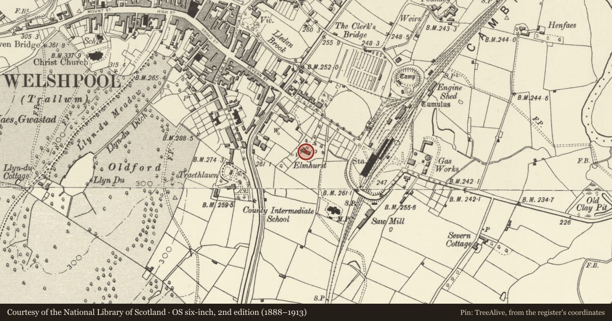 Ordnance Survey six-inch map, 2nd edition (1888–1913) covering the location of Elmhurst, Welshpool, Powys, with a pin at the register's coordinates