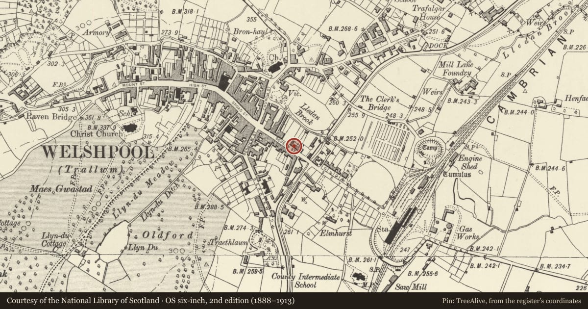 Ordnance Survey six-inch map, 2nd edition (1888–1913) covering the location of 11 Severn Street, Welshpool, Powys, with a pin at the register's coordinates