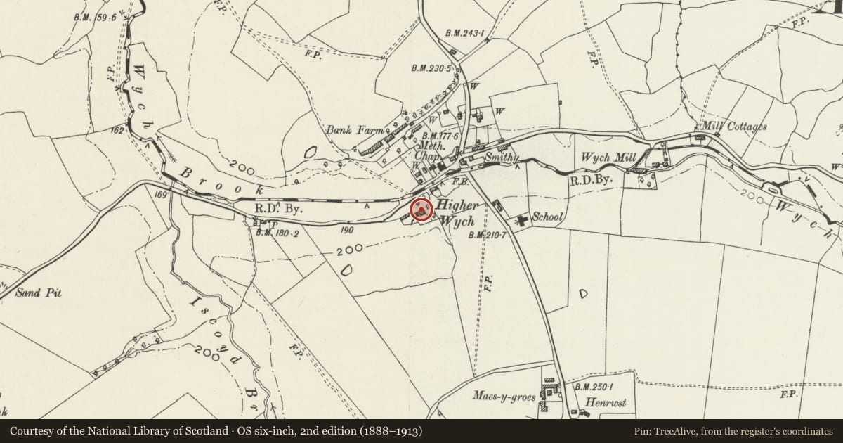 Ordnance Survey six-inch map, 2nd edition (1888–1913) covering the location of Higher Wych, Bronington, Wrexham, with a pin at the register's coordinates
