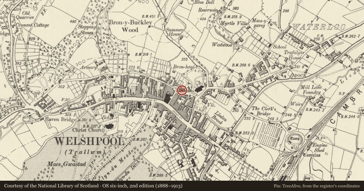 Ordnance Survey six-inch map, 2nd edition (1888–1913) covering the location of 7 Union Street, Welshpool, Powys, with a pin at the register's coordinates